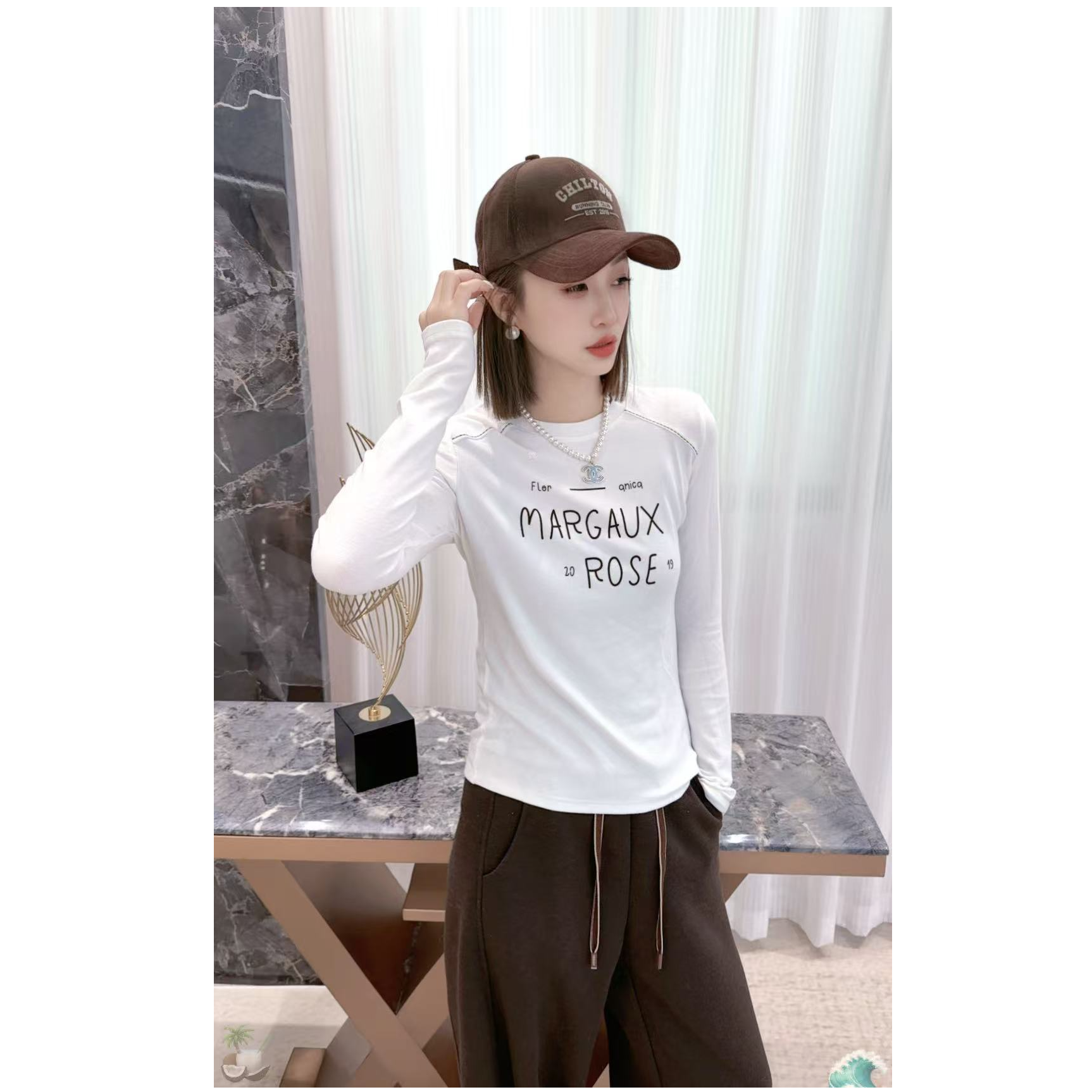 熙薇【午后玛格】2025新款时尚百搭休闲加厚字母T上衣H6001