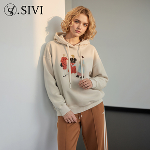 熙薇SIVI刺绣连帽卫衣女秋冬新款 潮流重工刺绣加绒套头上衣