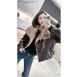 熙薇2025冬季复古油蜡皮进口青根貂大毛领外套H6163
