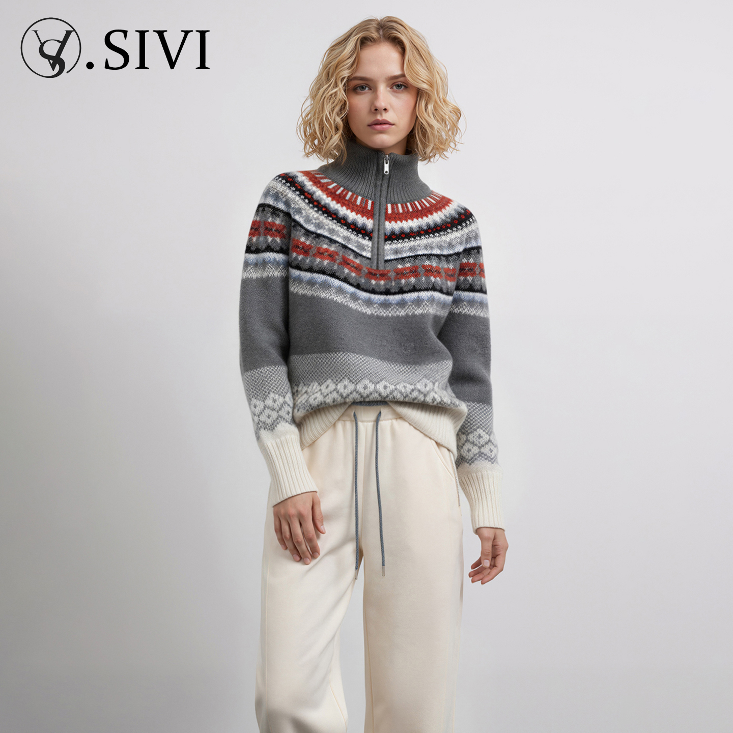 熙薇【冬日调色】2025冬季新款时尚圣诞款几何花纹毛衣H6742