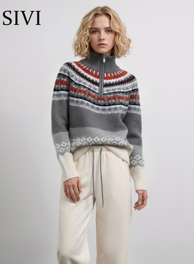 熙薇【冬日调色】2025冬季新款时尚圣诞款几何花纹毛衣H6742