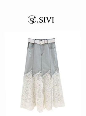 熙薇2025春夏新款时尚不规则蕾丝拼接设计气质牛仔半身裙H1989