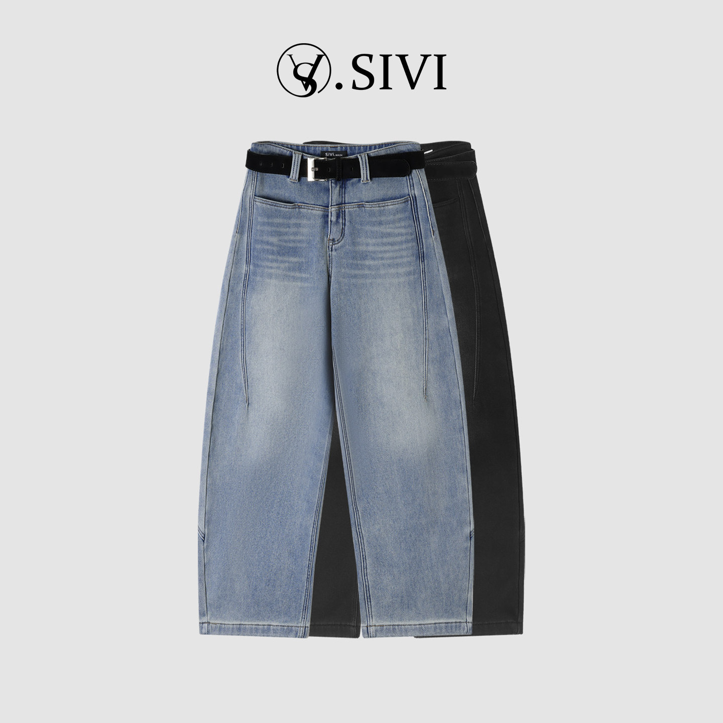熙薇SIVI高弹弯刀牛仔裤女一字口袋冬季加绒百搭宽松版水洗阔腿裤