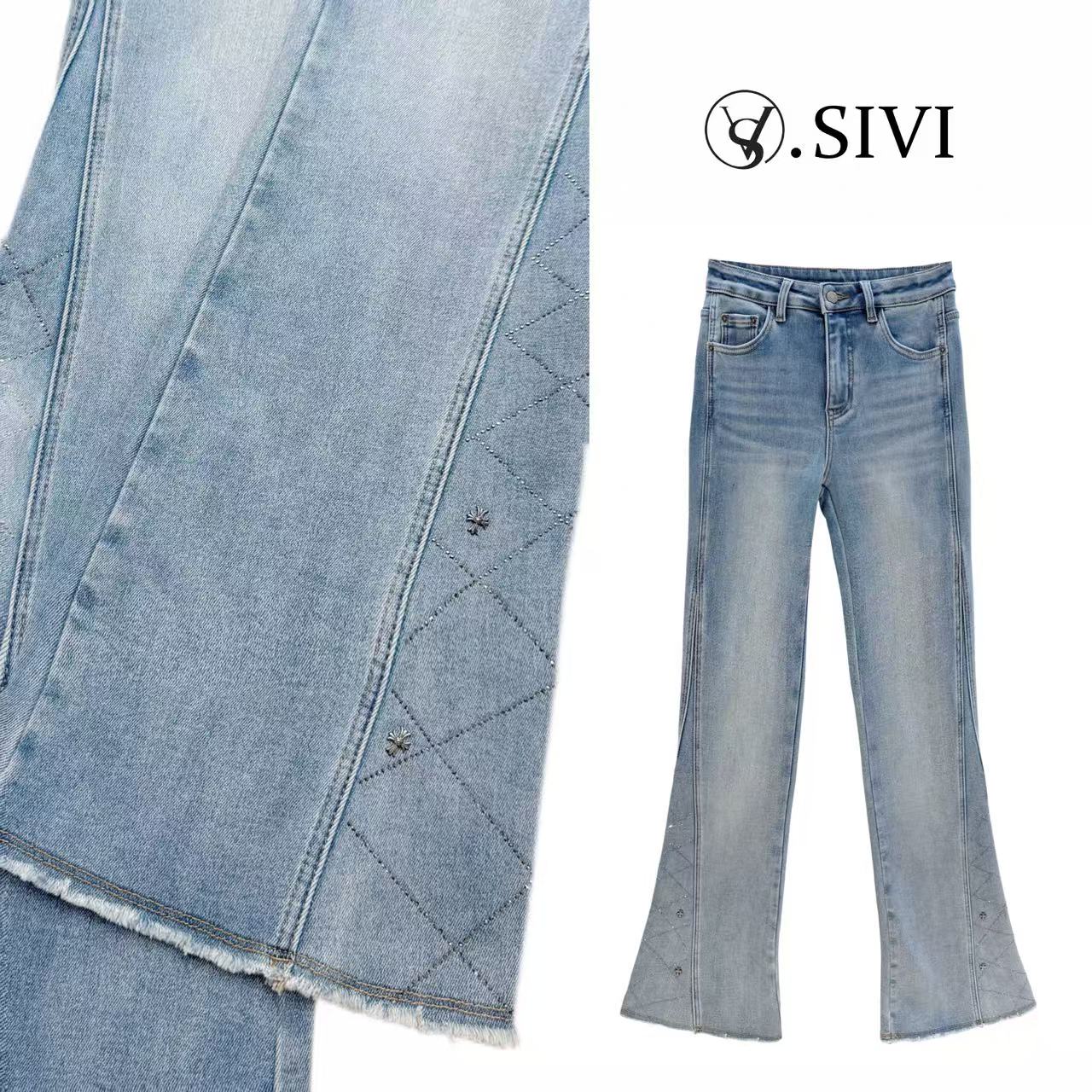 熙薇【流云钻迹】2025冬季新款时尚加绒重工微喇牛仔裤H6420