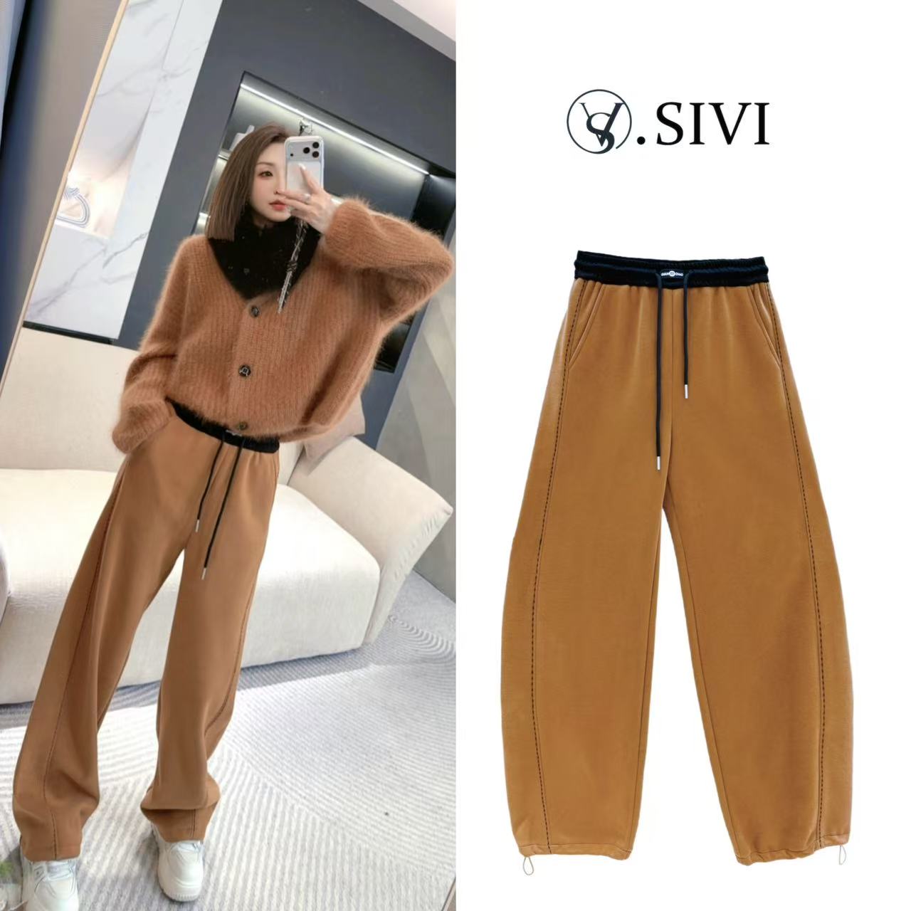 熙薇SIVI卫裤女冬季新款时尚加绒休闲裤刺绣工艺垂感显瘦弯刀裤