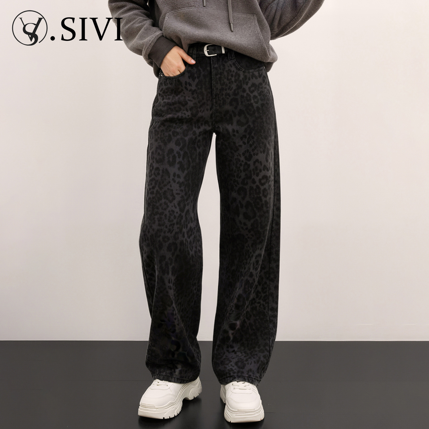 【熙薇SIVI】2025秋冬新款休闲加厚磨毛豹纹牛仔裤H6044