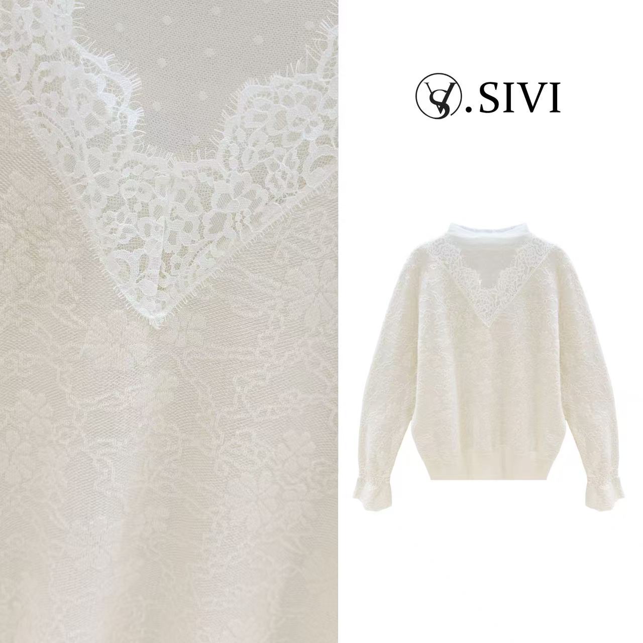 熙薇【花蕾絮语】2025冬季新款拼接蕾丝立领天丝羊毛衫H6570