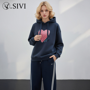 加绒爱心刺绣套头休闲上衣 时尚 熙薇SIVI连帽卫衣女冬季 新款