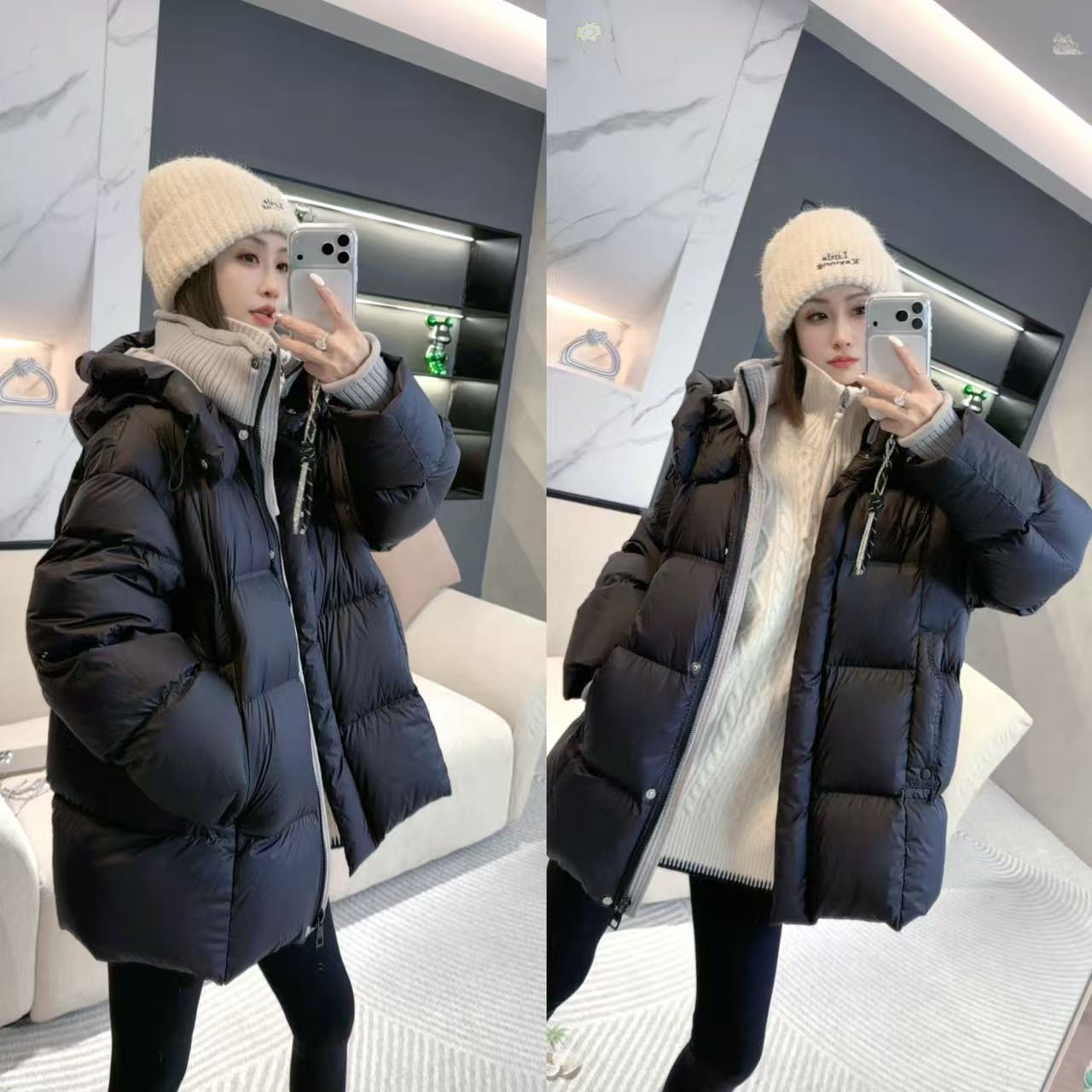 熙薇【统领漫冬】2025冬季新款拼毛线领子一手长羽绒服外套H6324