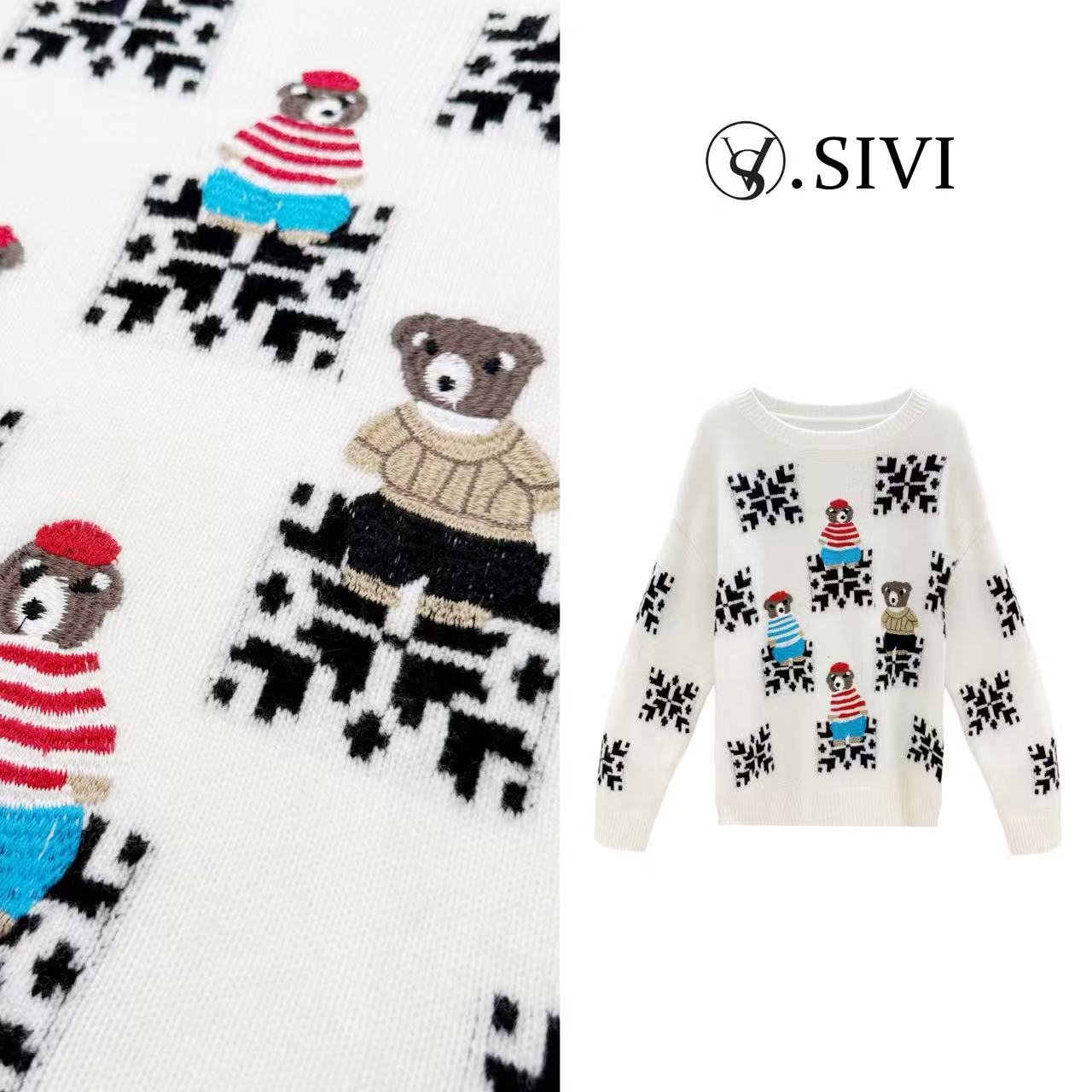 熙薇【小熊奇遇】2025冬季新款时尚休闲小熊刺绣毛衣H6473