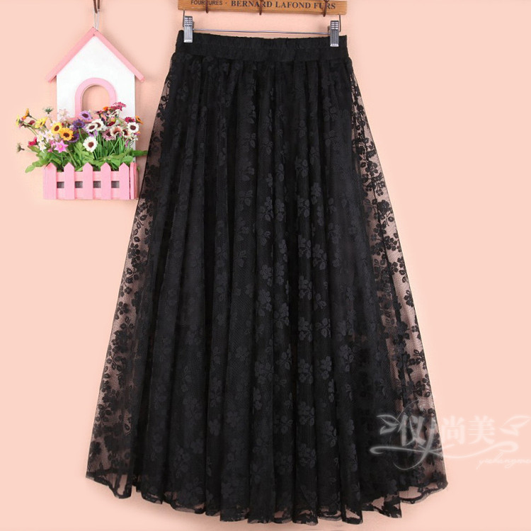 显瘦大摆蕾丝长裙秋冬季女a字网纱裙半身裙子中长款蓬蓬大码高腰