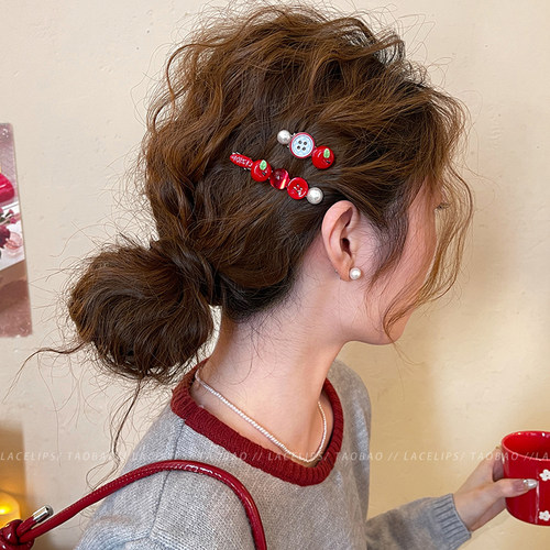 圣诞苹果派~红苹果纽扣发夹女