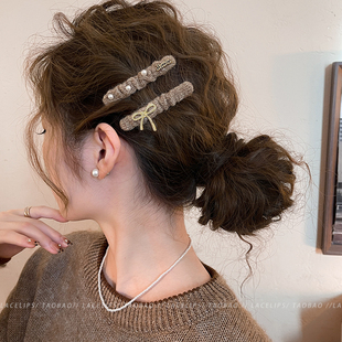 可爱少女毛线发夹女珍珠蝴蝶结边夹侧边发卡2025新款 刘海夹子头饰