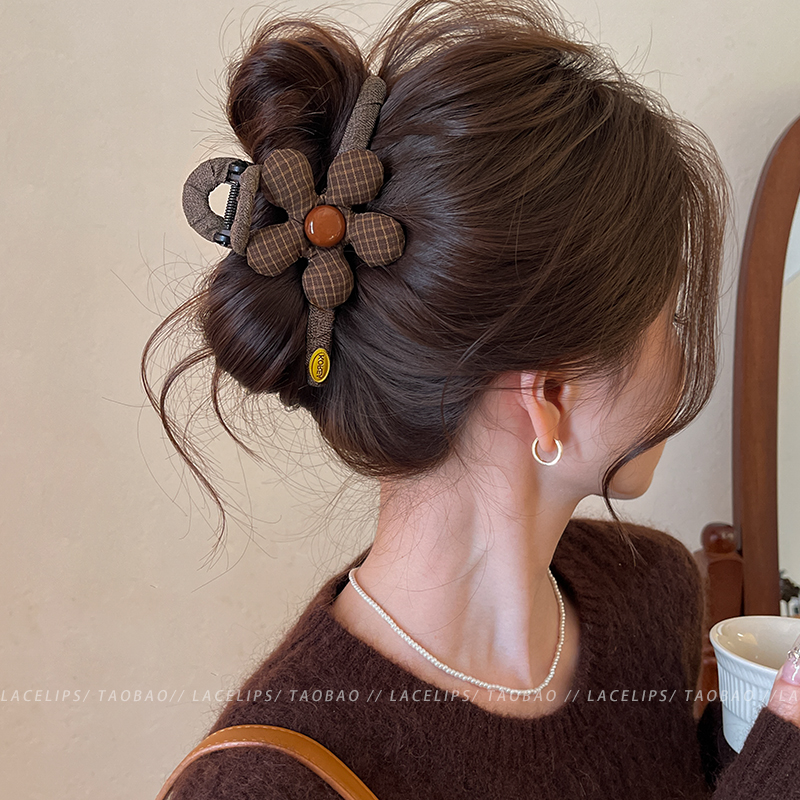 复古格纹花朵头发抓夹女高级感