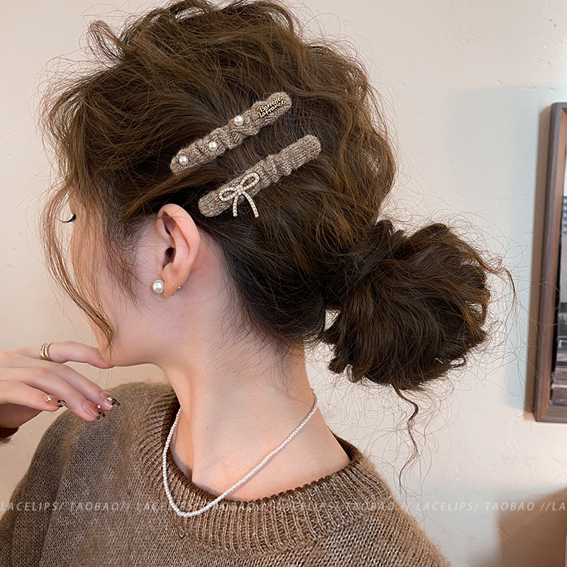 可爱少女珍珠蝴蝶结毛线发夹女