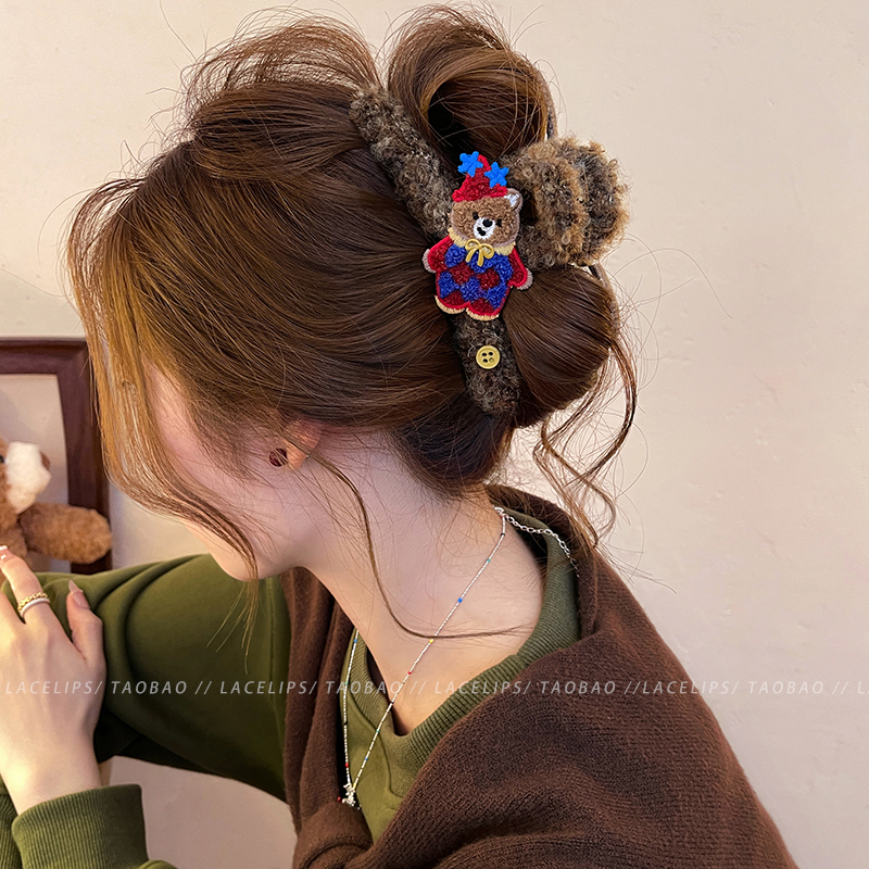 可爱小熊毛绒头发抓夹女高级感
