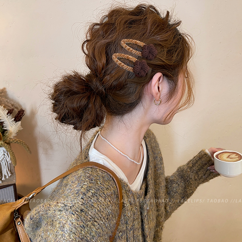 曲奇饼干~发夹女毛线花朵边夹侧边碎发刘海夹前额头饰新款发卡秋