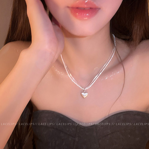 银色双层拉丝爱心项链女2026新款