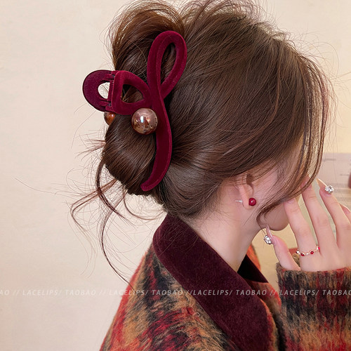 圣诞节bi备！红丝绒珠珠抓夹大号