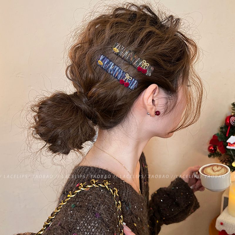 樱桃毛线刘海发夹女2025新款