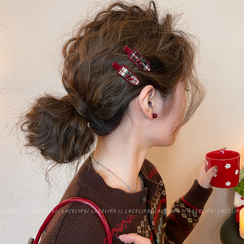圣诞红色格纹樱桃发夹女