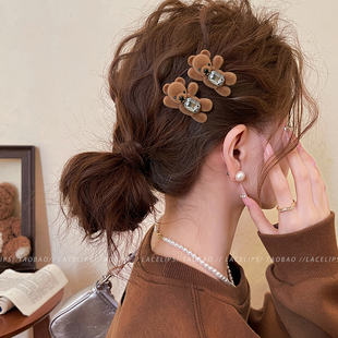 慵懒小熊~闪钻发夹女前额刘海夹子侧边夹2026新款高端头饰碎发卡