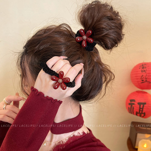 红色花朵皮筋发圈女高级感