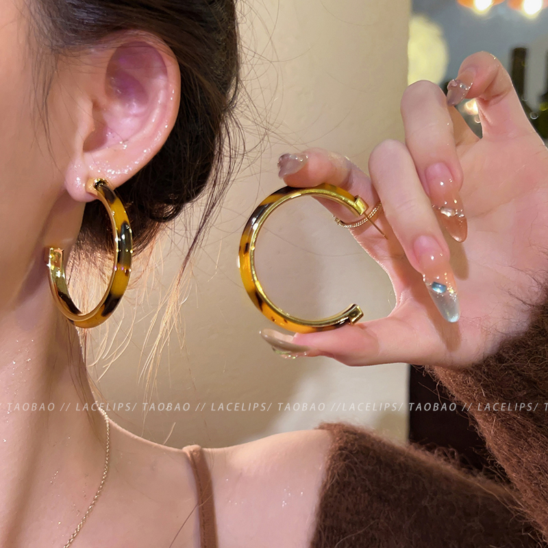 复古港风豹纹耳环圈圈女2025新款