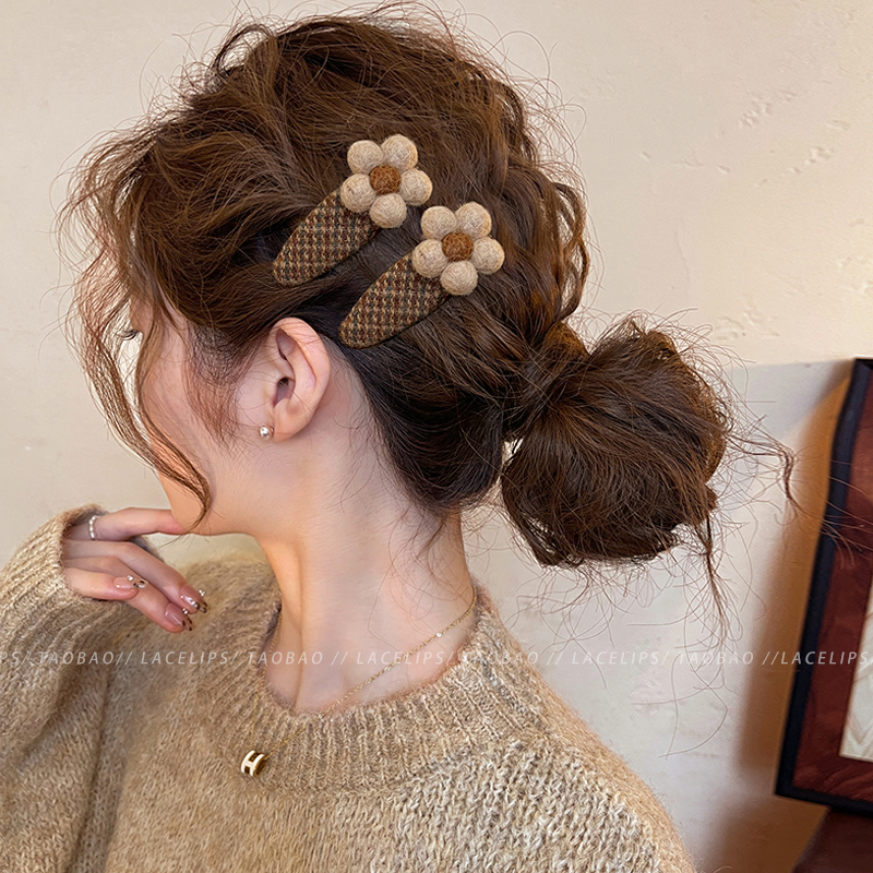 毛毡花朵格纹发夹女2025新款