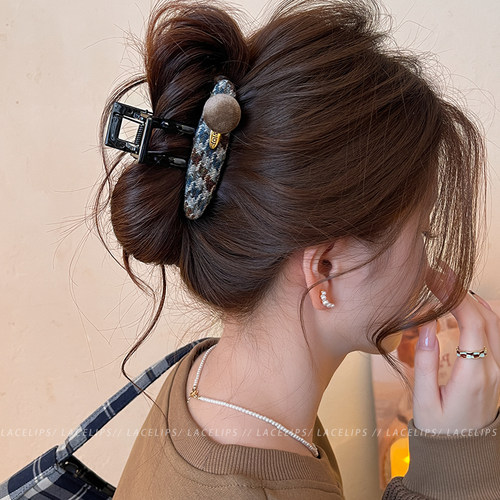 格纹圆球头发抓夹女高级感