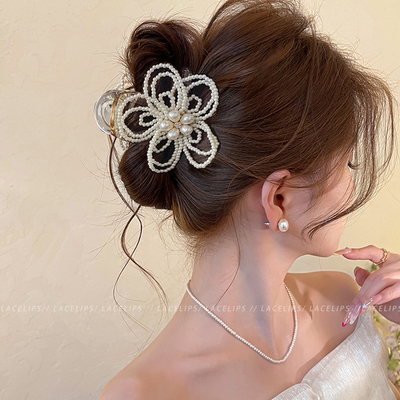 法式珍珠花朵头发抓夹女高级感