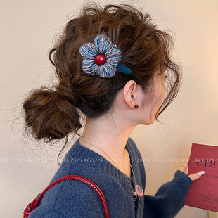 韩系甜美毛线花朵发夹女独特漂亮侧边夹发卡刘海夹子前额新款头饰
