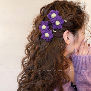 双生花 高端前额刘海夹子头饰 发夹女毛线花朵侧边夹发卡2025新款