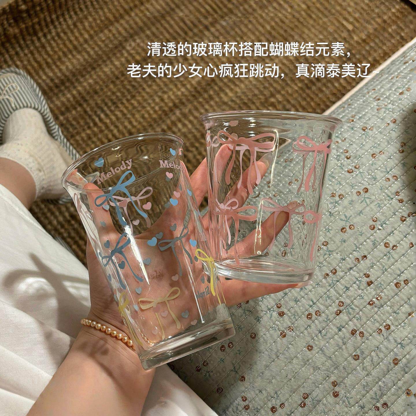 ins风牙杯漱口杯洗漱杯玻璃杯牙缸卫生间翻口透明波点蝴蝶结