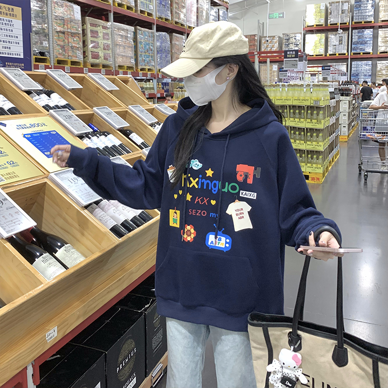 胖晶晶大码女装卫衣秋冬日常电视印花宽松型连帽卫衣 加绒加厚
