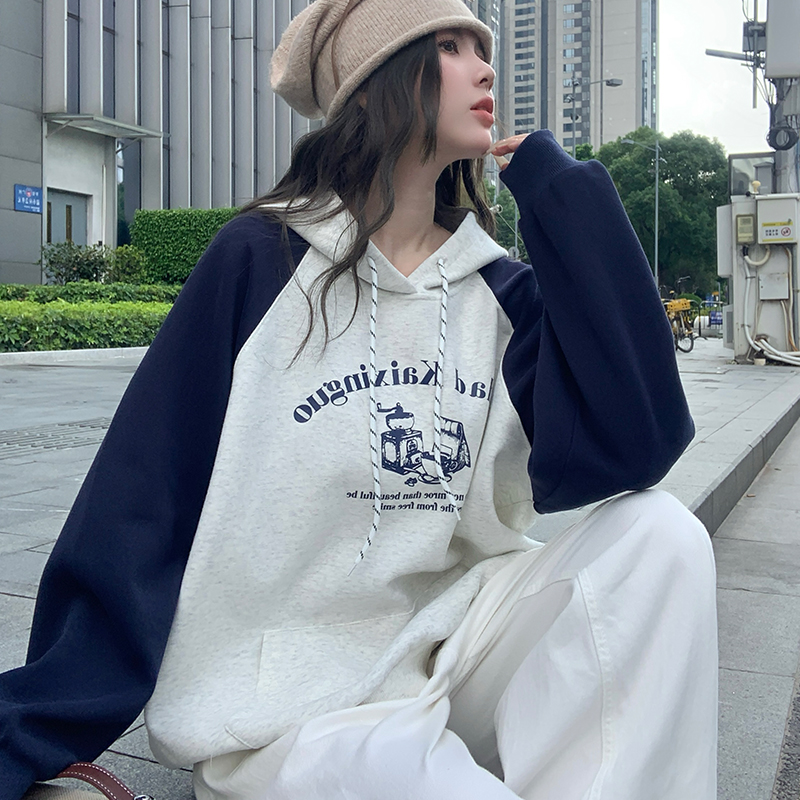 大码女装卫衣秋冬印花宽松型连帽卫衣拼色大码休闲卫衣 加绒加厚