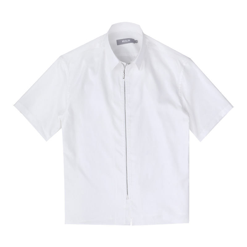MUSLUN原创设计师品牌短袖衬衣男拉链衬衫白色个性衬衣免烫