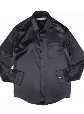 MUSLUN19姆米真丝缎桑蚕丝黑色长袖衬衣 宅女同款情侣衬衣