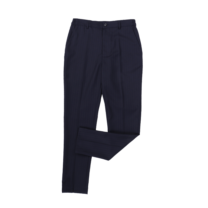 MUSLUN条纹深蓝色免烫修身精纺羊毛西裤