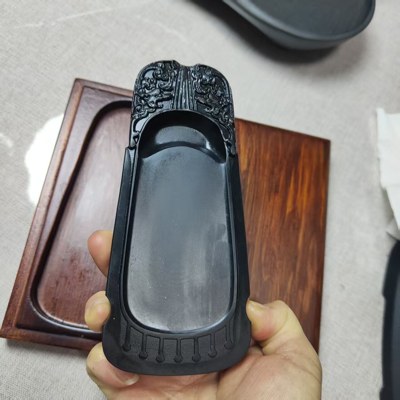 文房四宝笔墨纸砚自产自销歙砚台古琴形状素池有木盒做镇纸送墨条