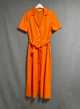 欧美时尚夏季新款橙色纯棉短袖衬衫式长裙收腰带休闲法式连衣裙