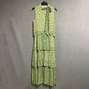 田园风绿色无袖 新款 飘带领收腰显瘦度假风碎花连衣裙 夏季 欧美时尚