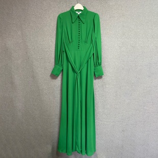 绿色收腰系带长款 欧美时尚 复古优雅长袖 新款 显瘦气质连衣裙 春秋季