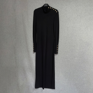 黑色金属扣褶裥高领长袖 新品 通勤文艺连衣裙 春秋季 欧美时尚
