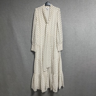 V领飘带长袖 欧美时尚 白色波点显瘦长款 新款 连衣裙 春秋夏季