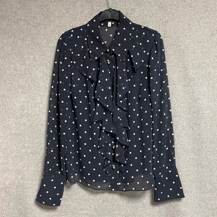 春秋季 飘带小衫 新款 女长袖 通勤上衣 蝴蝶结藏青色波点衬衫 欧美时尚