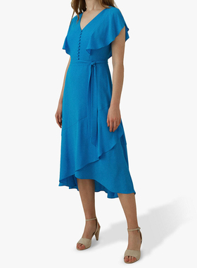 欧美时尚夏季不规则裙蓝色飞飞袖v领中长款修身通勤显瘦连衣裙