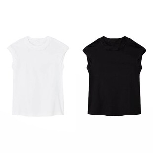 女式 欧美时尚 纯棉休闲宽松百搭气质叠领无袖 新款 T恤上衣 夏季