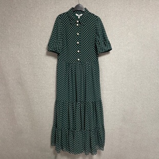 欧美时尚夏季法式复古深绿色波点短袖高腰A字荷叶摆蛋糕裙连衣裙