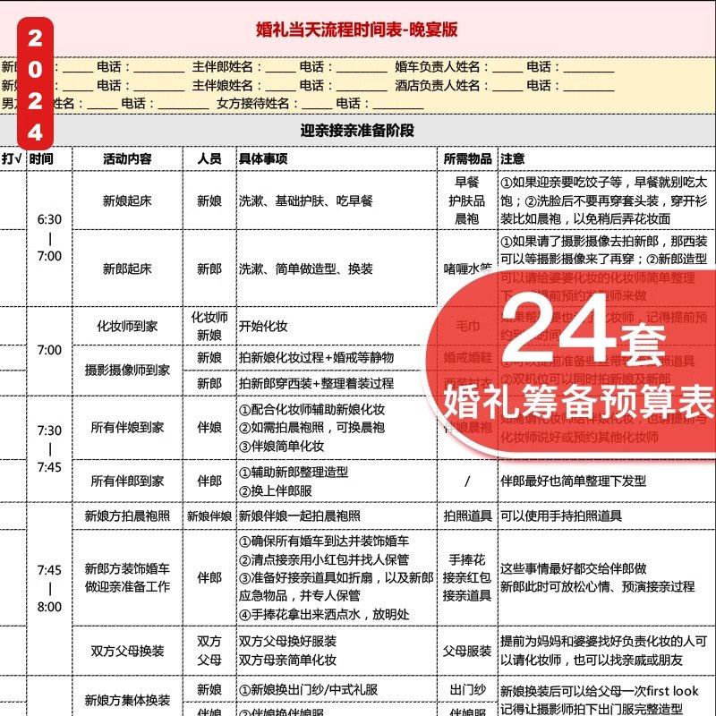 结婚婚庆预算婚礼筹备流程物品采购清单日程安排宾客统计表单策划
